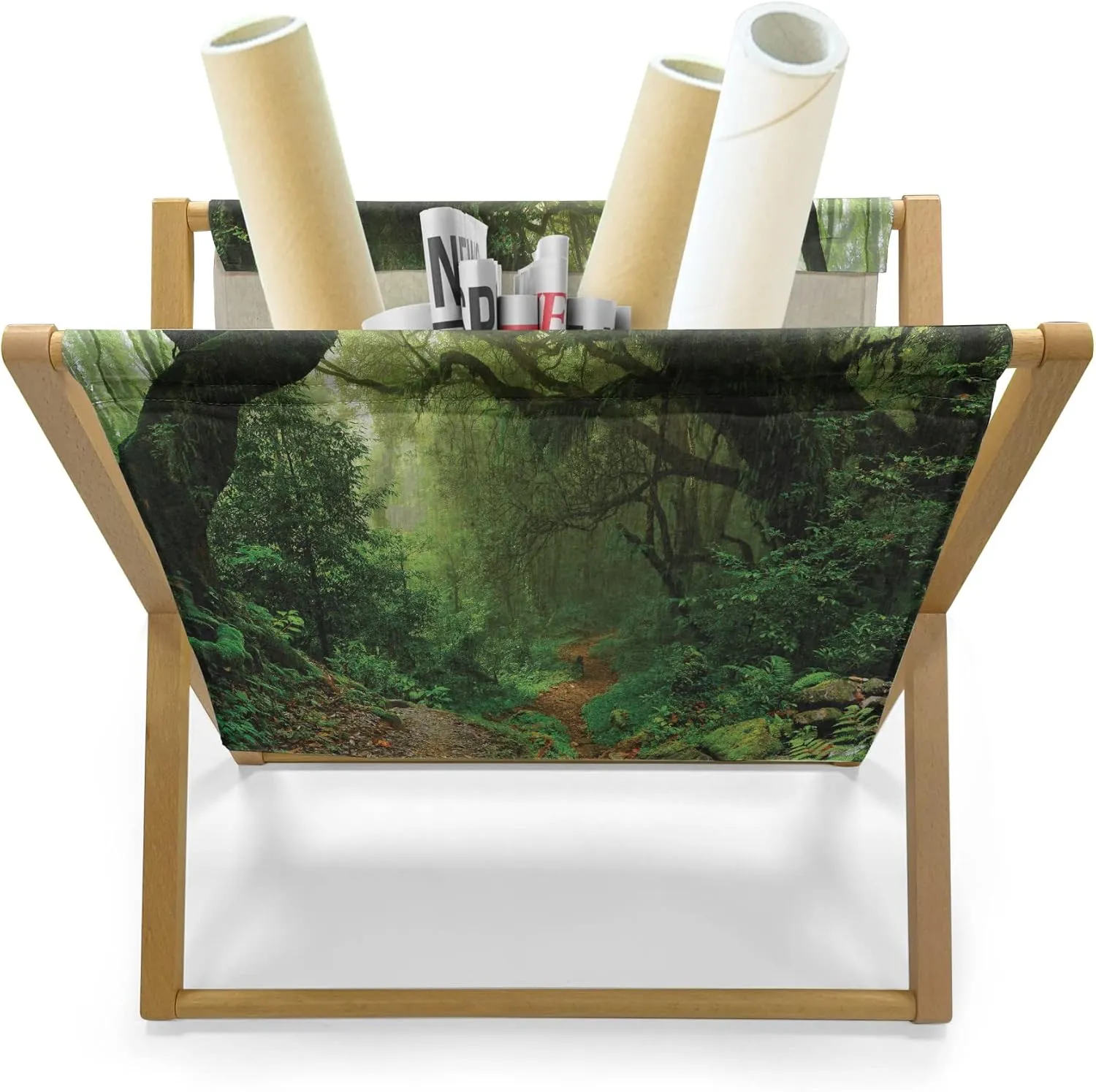 Ambesonne Rainforest Magazine and Book Holder, Forest in Nepal Touristic Trekking Branches Misty Road Fresh Air Outdoors Theme, Floor Rack Accent Living Room Office and School, 22" x 19", Green Brown