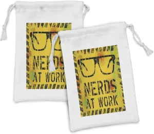 Ambesonne Retro Fabric Pouch Set of 2, Nerds at Work Grunge Fictional Sign Glasses Hazard Stripes Work Hard Theme, Small Drawstring Bag for Toiletries Masks and Favors, 9" x 6", Yellow Black Green
