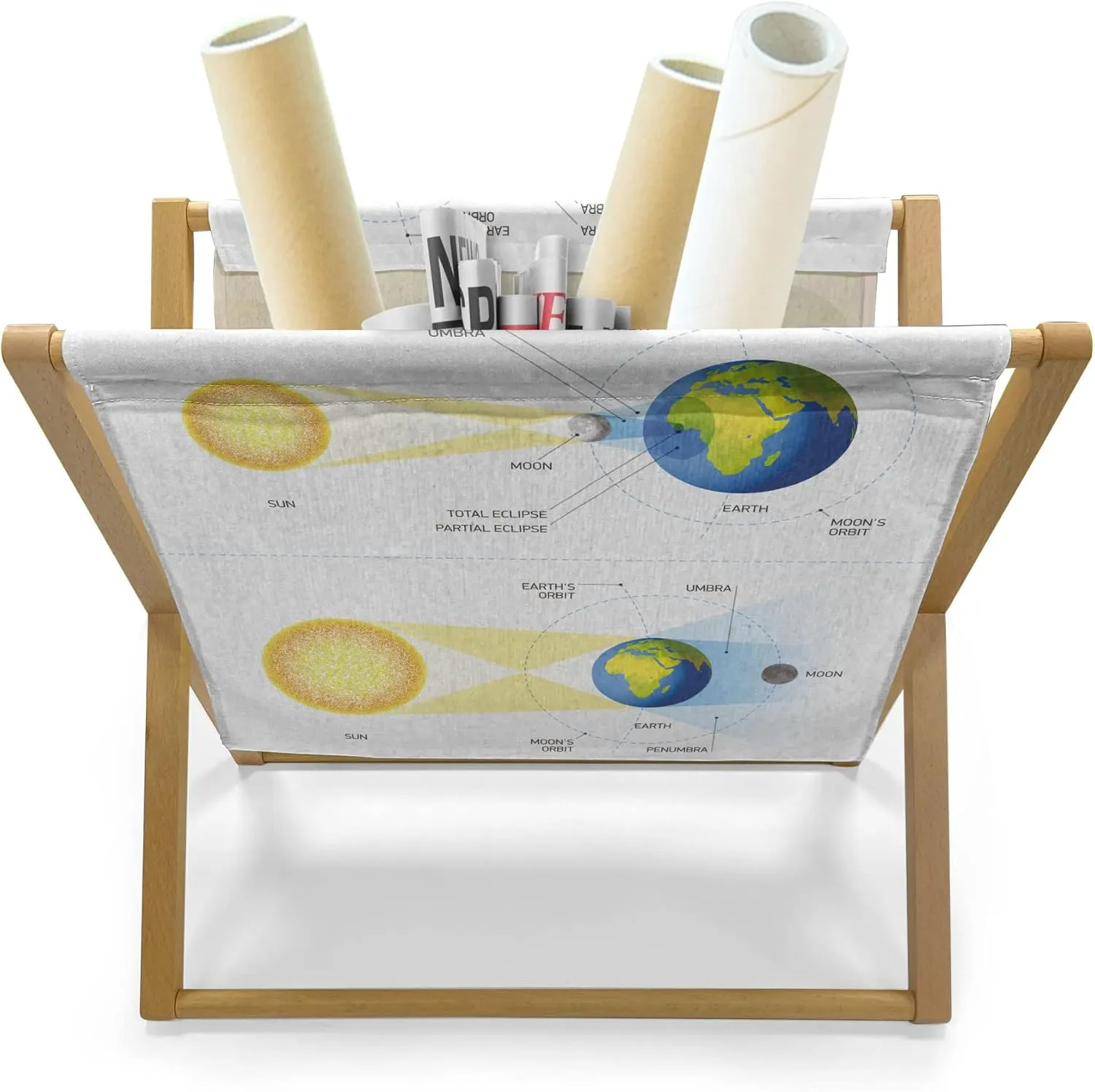Ambesonne Science Magazine and Book Holder, Solar and Lunar Eclipse Planet Earth Sun Moon Orbit Astronomy Science, Floor Rack Accent Living Room Office and School, 22" x 19", Blue Green Mustard