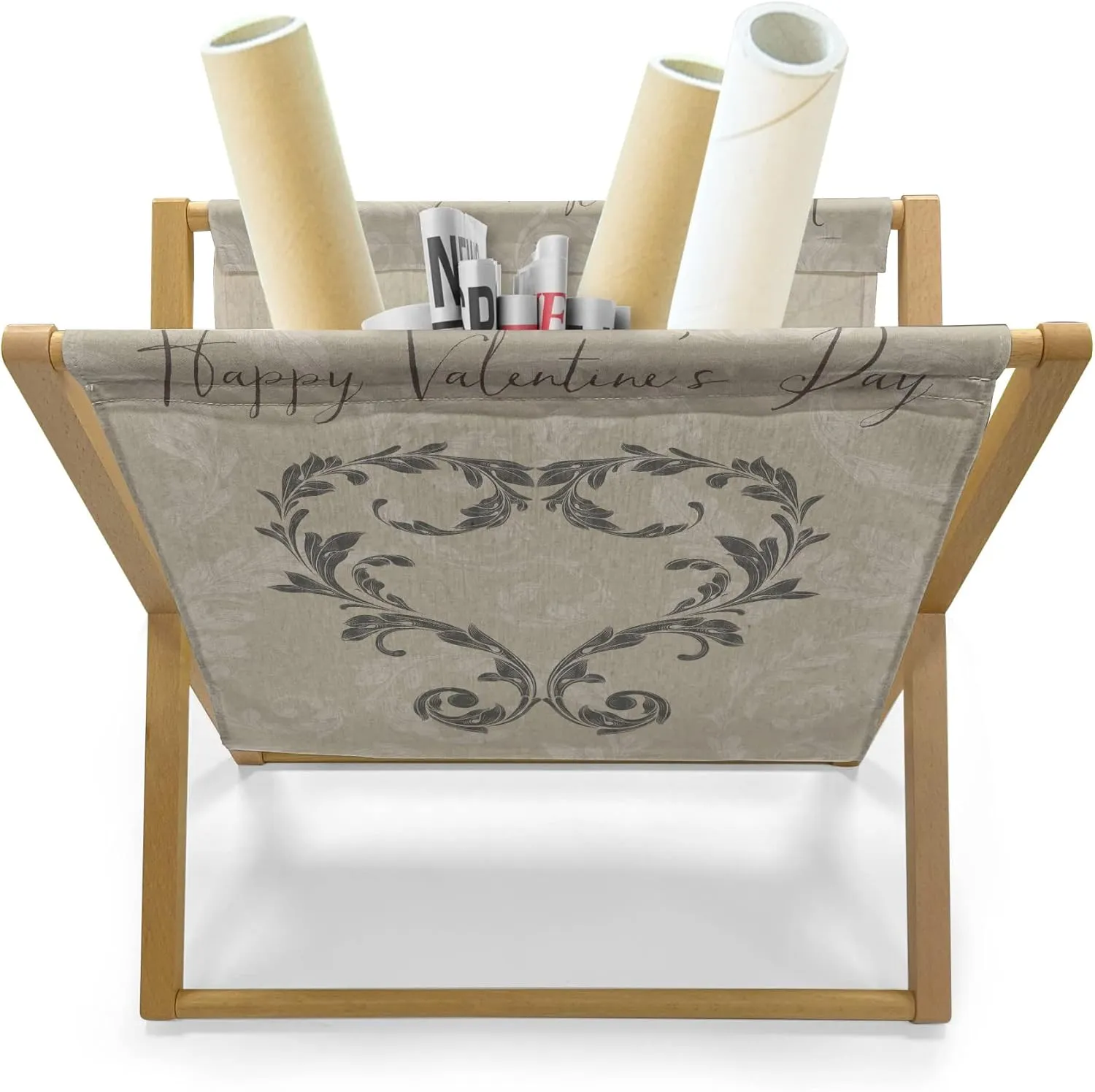 Ambesonne Taupe Magazine and Book Holder, Happy Valentine's Day Hand Writing Laurel Leaves Forming a Heart Victorian, Floor Rack Organizer for Office Home and School, 22"x19", Taupe Tan