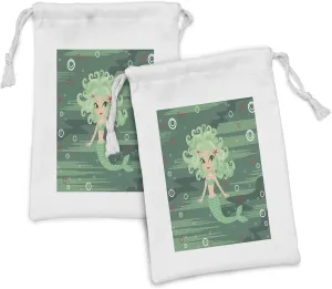 Ambesonne Underwater Fabric Pouch Set of 2, Mermaid Cartoon Water Bubbles and Starfish Curly Fictional Print, Small Drawstring Bag for Toiletries Masks and Favors, 9" x 6", Green