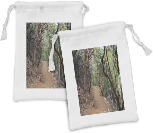 Ambesonne Woods Fabric Pouch Set of 2, Landscape from Manzanita Trees View with Stony Path Road, Small Drawstring Bag for Toiletries Masks and Favors, 9" x 6", Almond Pale Mauve Taupe