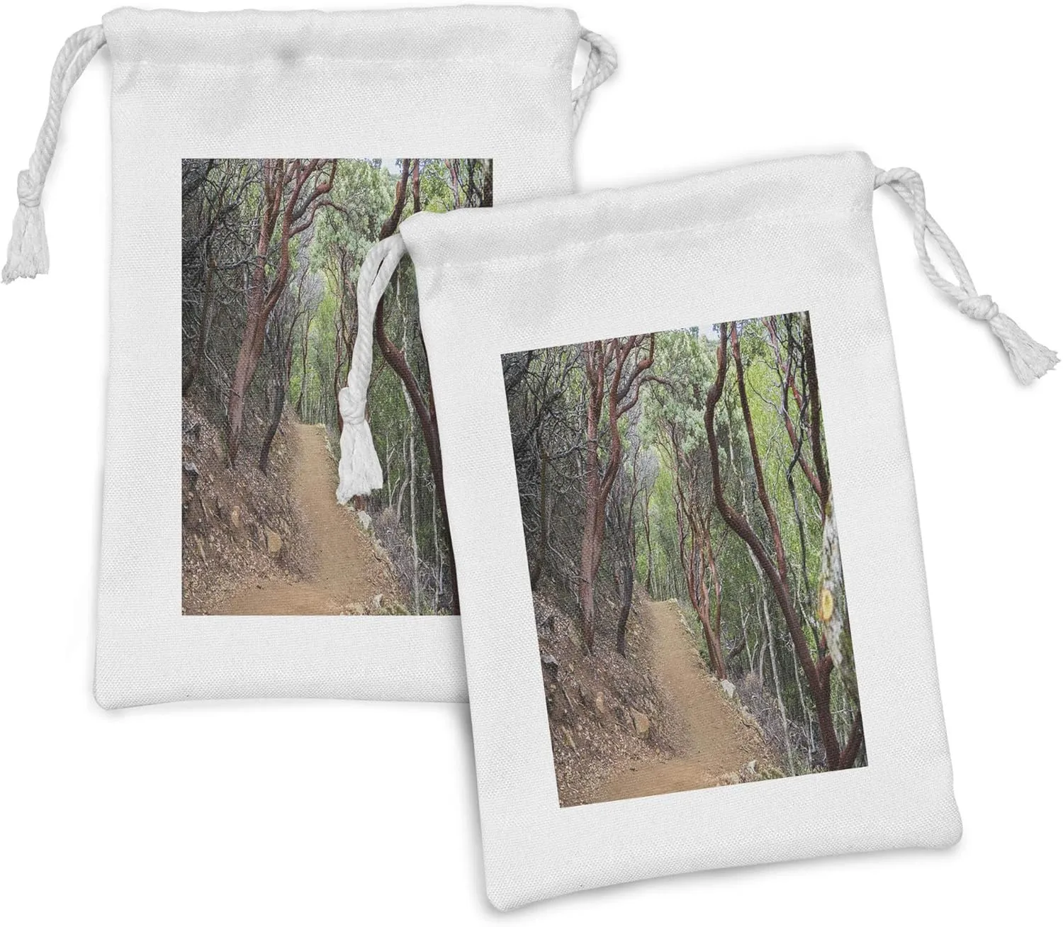 Ambesonne Woods Fabric Pouch Set of 2, Landscape from Manzanita Trees View with Stony Path Road, Small Drawstring Bag for Toiletries Masks and Favors, 9" x 6", Almond Pale Mauve Taupe