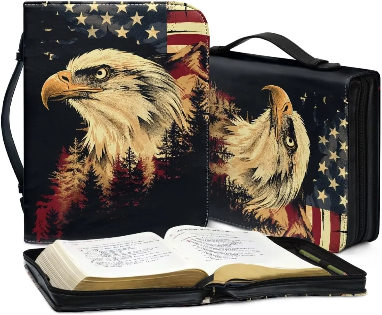 American Flag and Bald Eagle Bible Cover for Women Men Leather Bible Covers Bible Bags Bible Holder Scripture Carrying Case with Handle Bible Book Covers Church Bag Bible Protective Cases