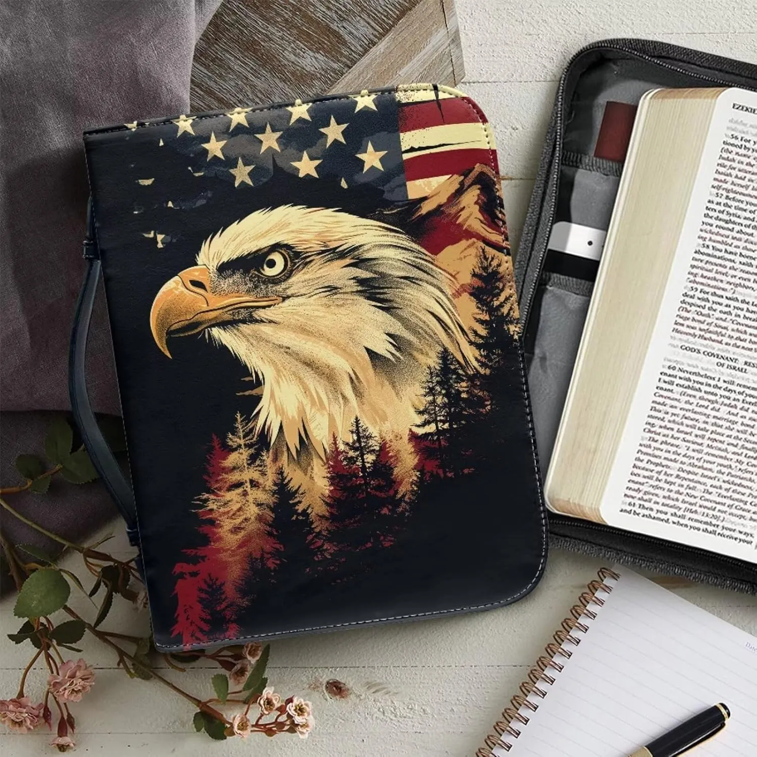 American Flag and Bald Eagle Bible Cover for Women Men Leather Bible Covers Bible Bags Bible Holder Scripture Carrying Case with Handle Bible Book Covers Church Bag Bible Protective Cases