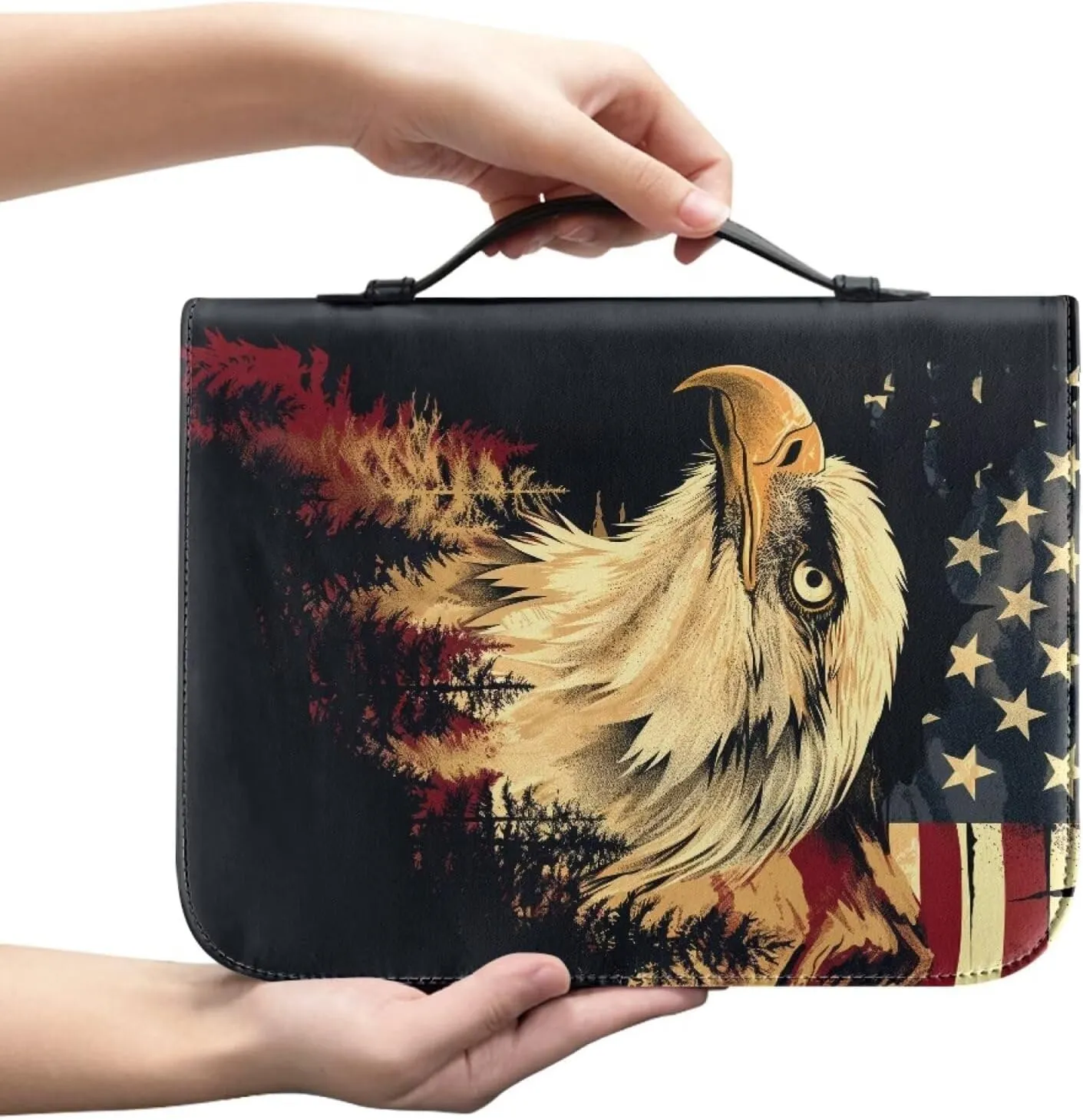 American Flag and Bald Eagle Bible Cover for Women Men Leather Bible Covers Bible Bags Bible Holder Scripture Carrying Case with Handle Bible Book Covers Church Bag Bible Protective Cases