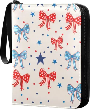 American Flag Bows Card Binder 4 Pocket Collectible Trading Card Albums with 50 Sleeves Double Side PU Waterproof 3 Ring for Sports & Game Cards