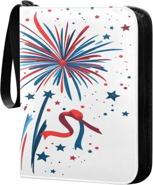 American Flag Fireworks Card Binder 4 Pocket Collectible Trading Card Albums with 50 Sleeves Double Side PU Waterproof 3 Ring for Sports & Game Cards