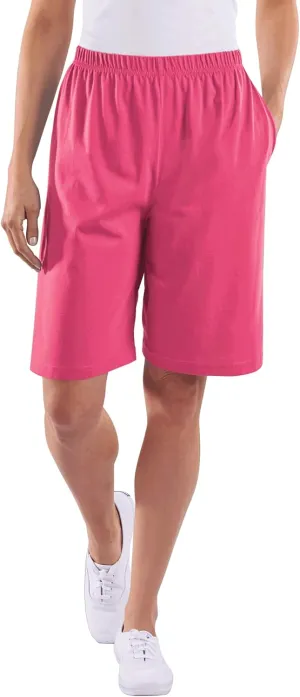 AmeriMark Women’s Full Elastic Waist Athletic Bermuda Shorts - Ladies 100% Cotton Pull-On Golf Shorts with Pockets