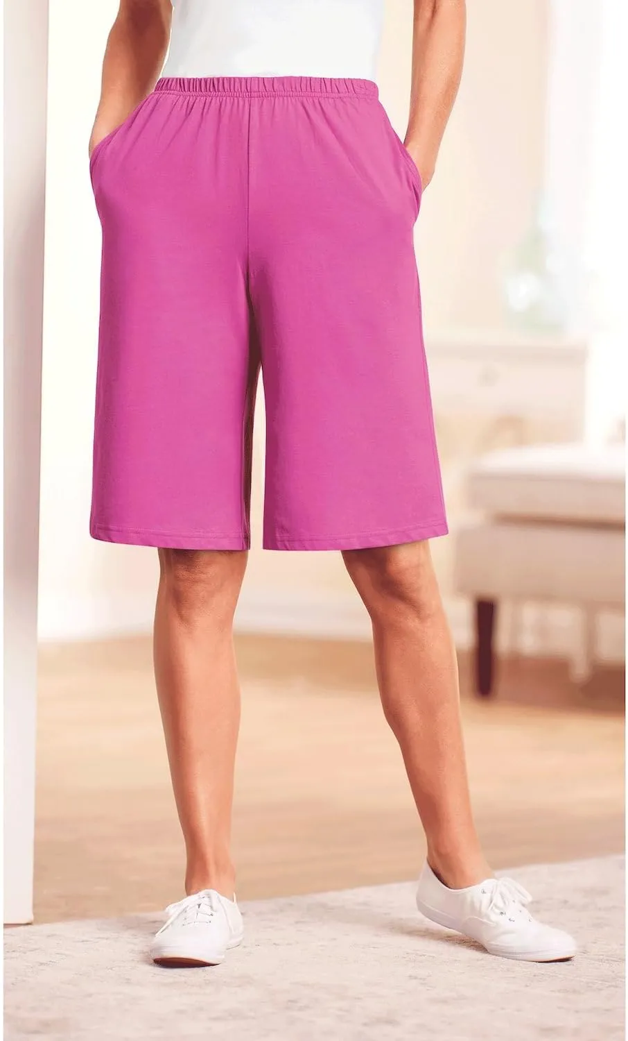 AmeriMark Women’s Full Elastic Waist Athletic Bermuda Shorts - Ladies 100% Cotton Pull-On Golf Shorts with Pockets