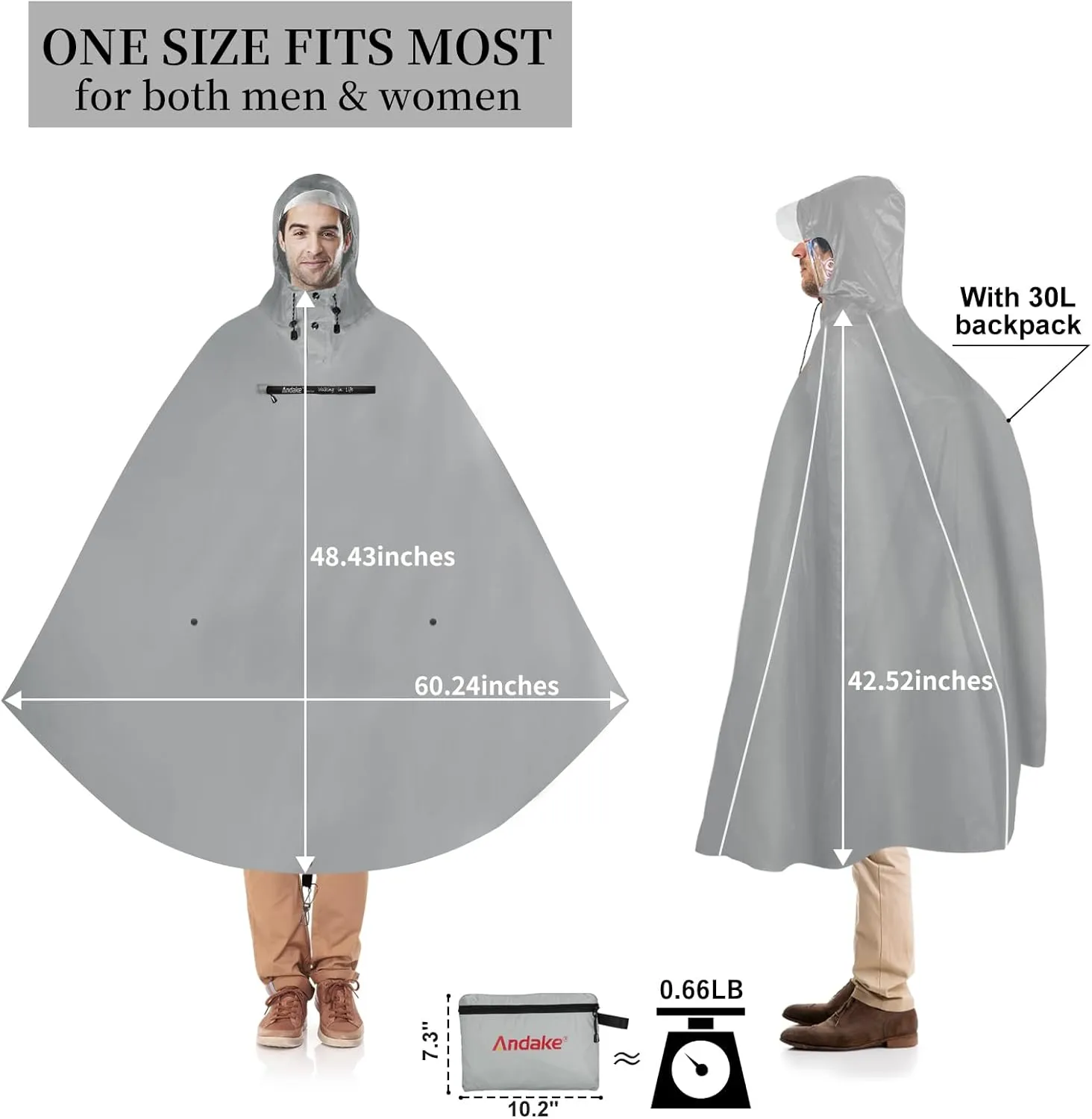 Andake Hooded Rain Poncho for Adults Waterproof Lightweight Raincoat for Men & Women Reusable Rain Ponchos for Cycling