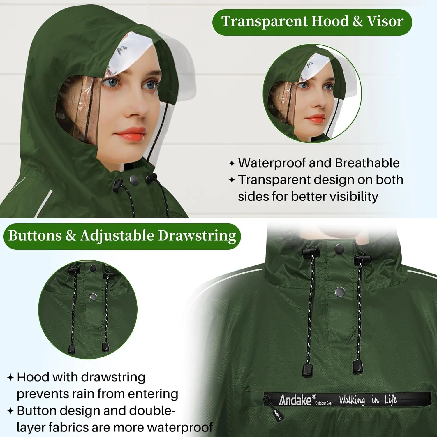 Andake Hooded Rain Poncho for Adults Waterproof Lightweight Raincoat for Men & Women Reusable Rain Ponchos for Cycling