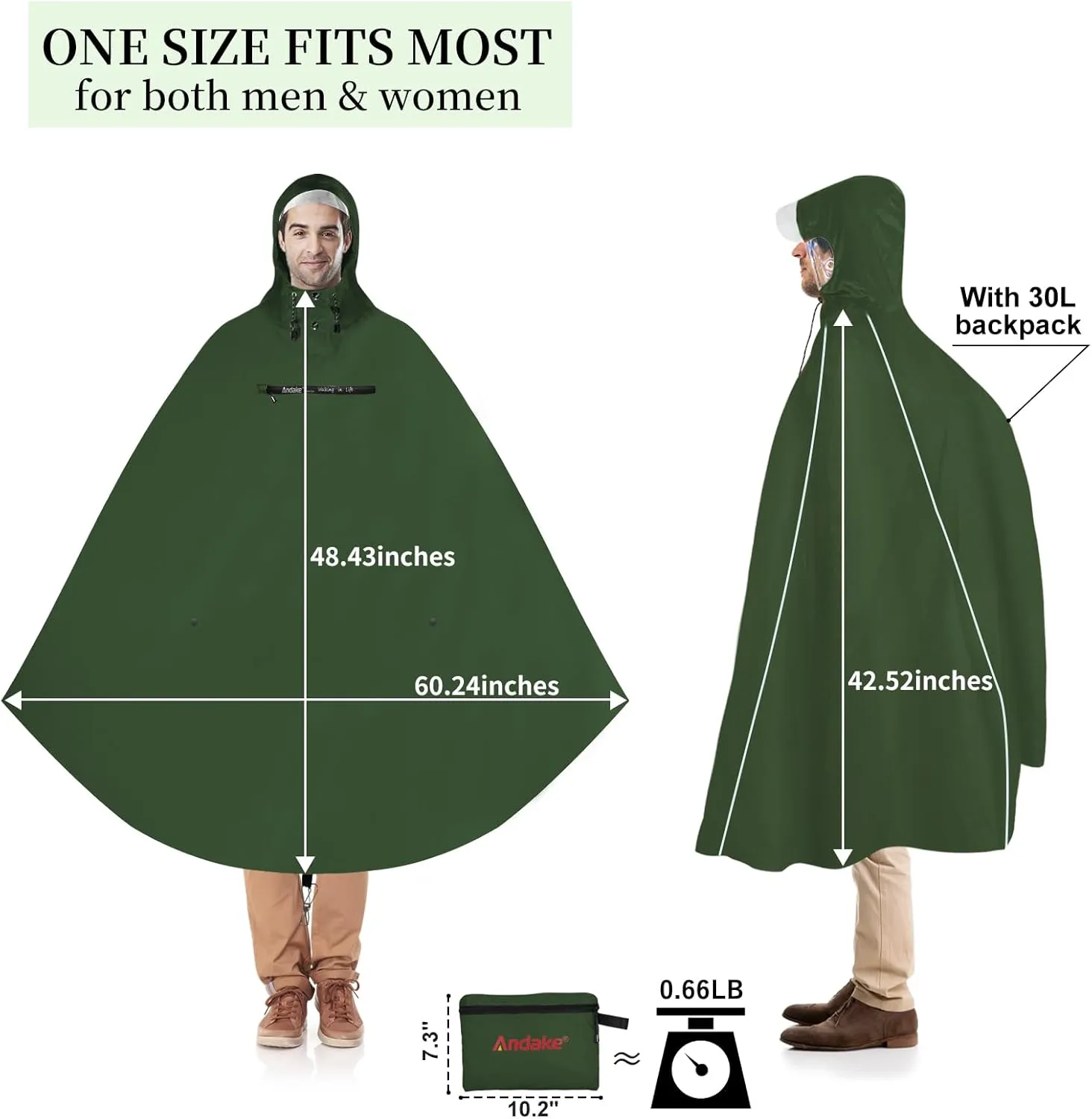 Andake Hooded Rain Poncho for Adults Waterproof Lightweight Raincoat for Men & Women Reusable Rain Ponchos for Cycling