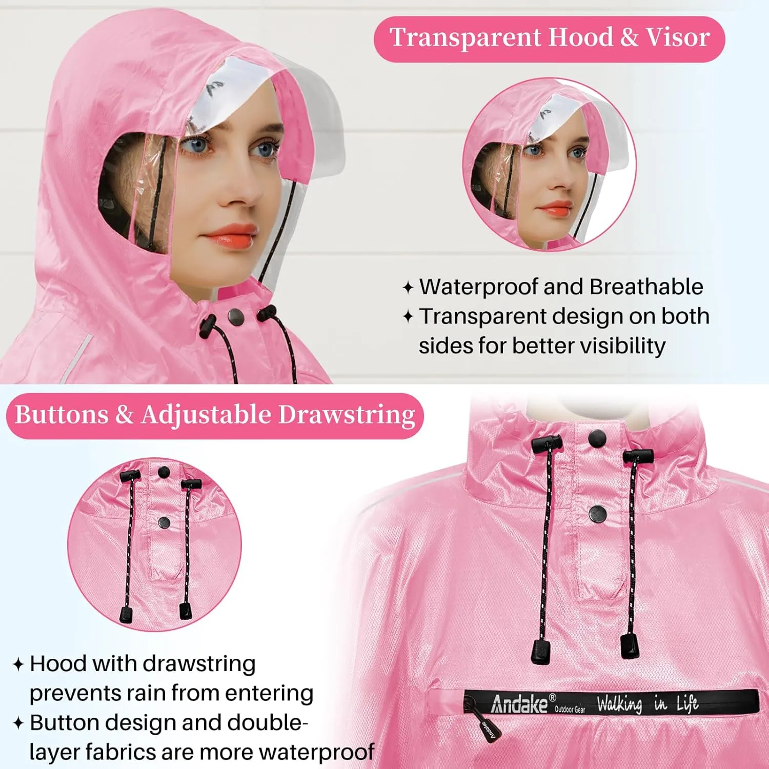 Andake Hooded Rain Poncho for Adults Waterproof Lightweight Raincoat for Men & Women Reusable Rain Ponchos for Cycling