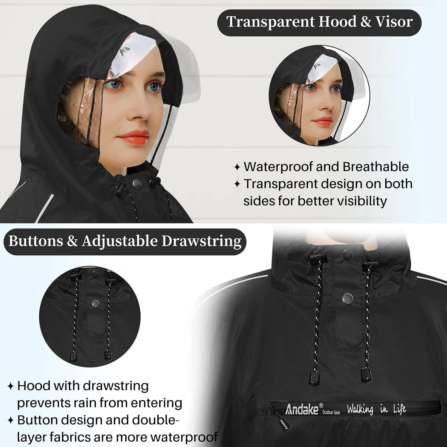 Andake Hooded Rain Poncho for Adults Waterproof Lightweight Raincoat for Men & Women Reusable Rain Ponchos for Cycling