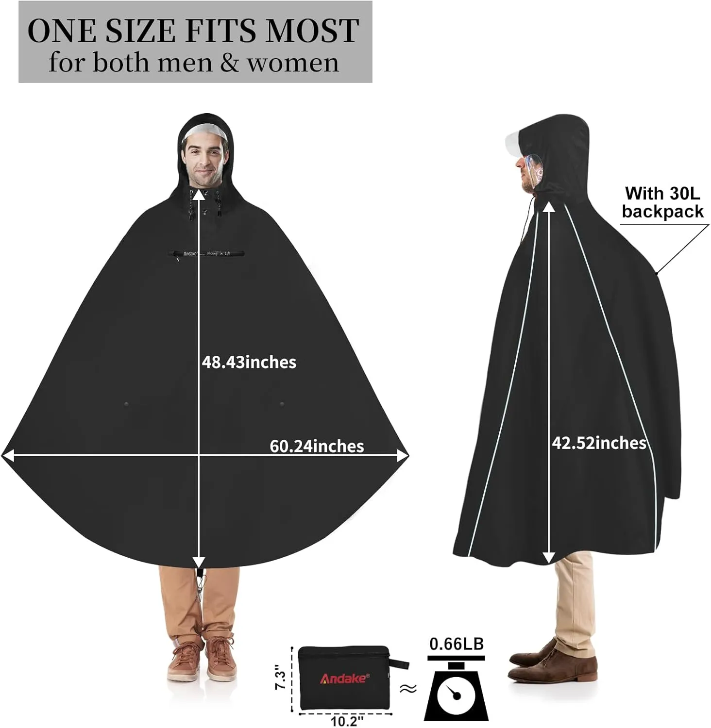 Andake Hooded Rain Poncho for Adults Waterproof Lightweight Raincoat for Men & Women Reusable Rain Ponchos for Cycling