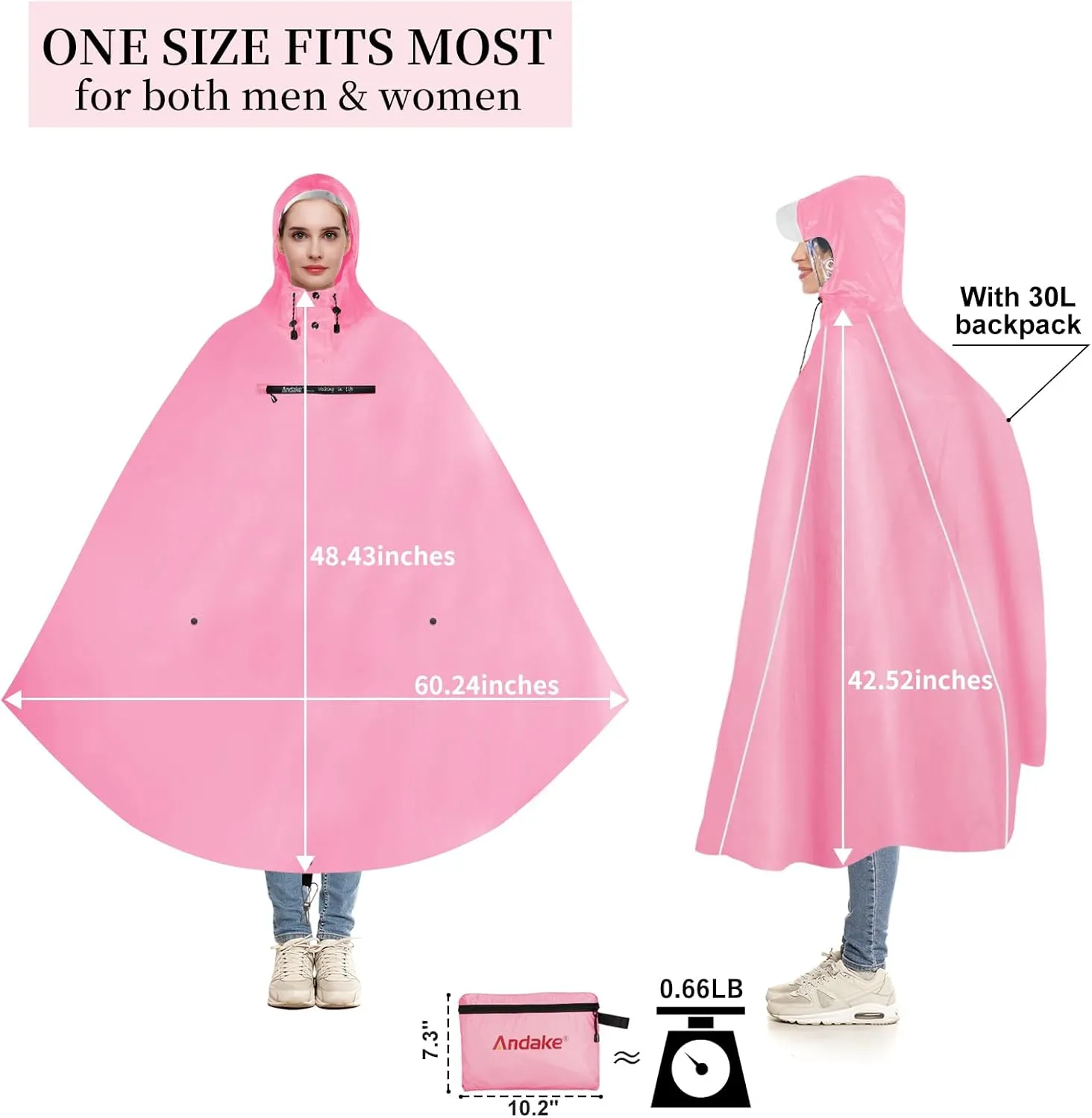 Andake Hooded Rain Poncho for Adults Waterproof Lightweight Raincoat for Men & Women Reusable Rain Ponchos for Cycling