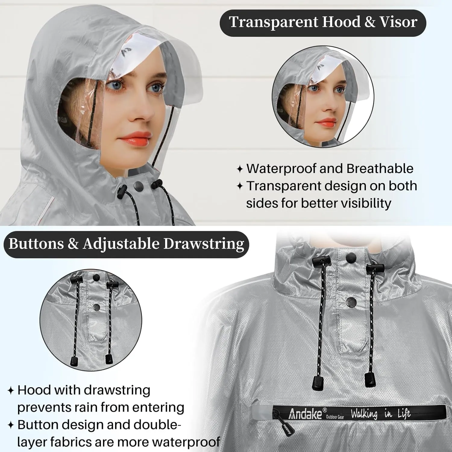 Andake Hooded Rain Poncho for Adults Waterproof Lightweight Raincoat for Men & Women Reusable Rain Ponchos for Cycling