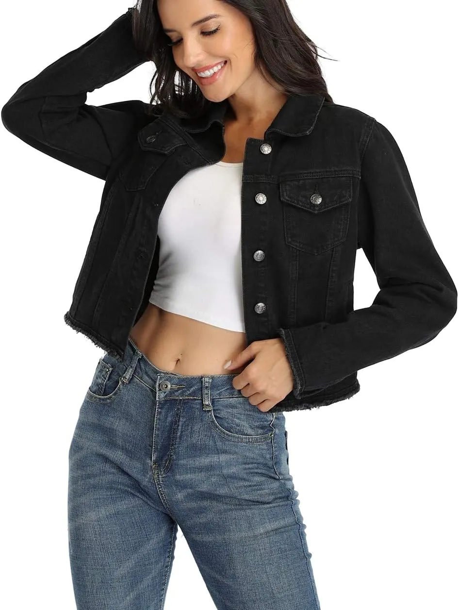 Anienaya Jean Jacket Women’s Frayed Washed Button Up Cropped Denim Jacket w 2 Side Pockets