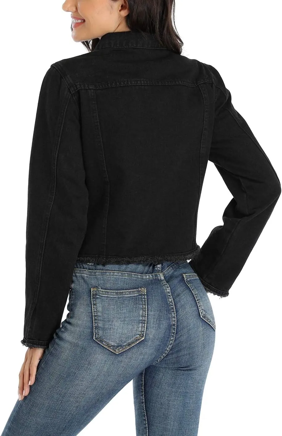 Anienaya Jean Jacket Women’s Frayed Washed Button Up Cropped Denim Jacket w 2 Side Pockets