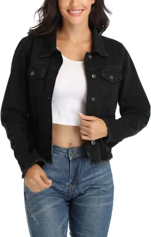 Anienaya Jean Jacket Women’s Frayed Washed Button Up Cropped Denim Jacket w 2 Side Pockets
