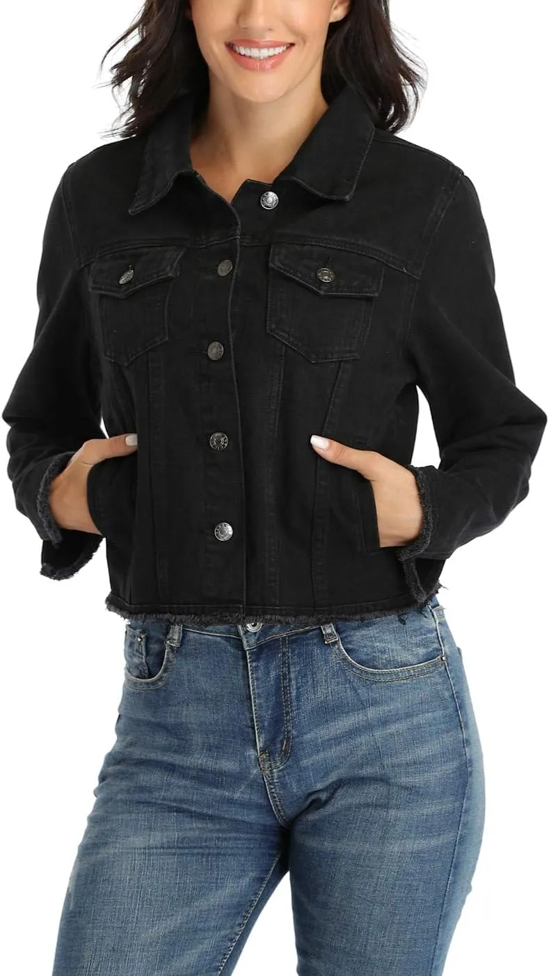 Anienaya Jean Jacket Women’s Frayed Washed Button Up Cropped Denim Jacket w 2 Side Pockets