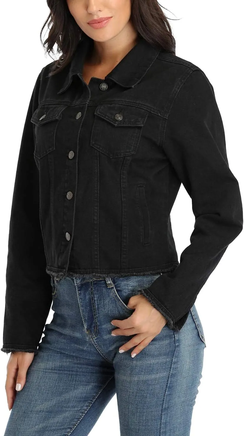 Anienaya Jean Jacket Women’s Frayed Washed Button Up Cropped Denim Jacket w 2 Side Pockets
