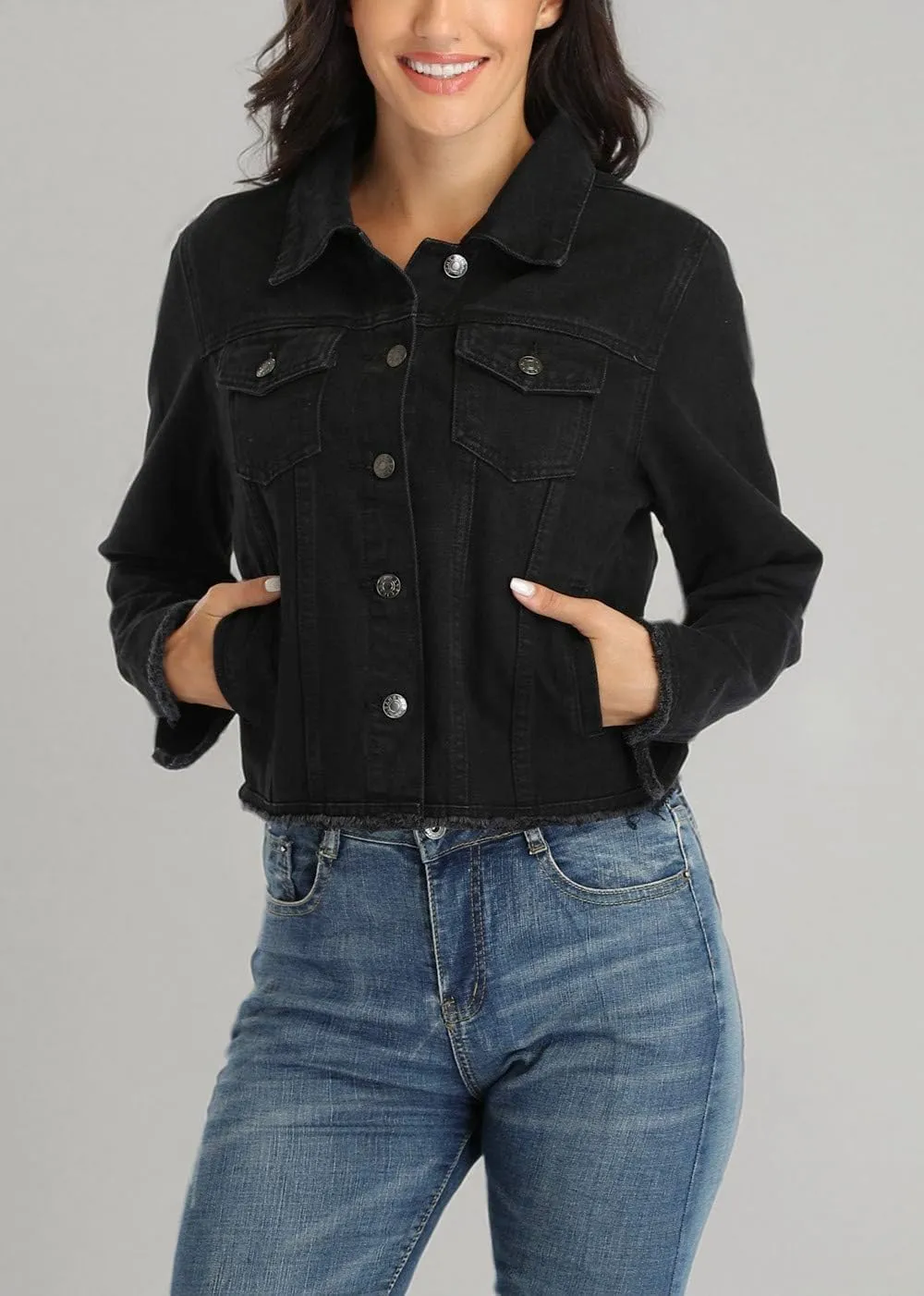 Anienaya Jean Jacket Women’s Frayed Washed Button Up Cropped Denim Jacket w 2 Side Pockets
