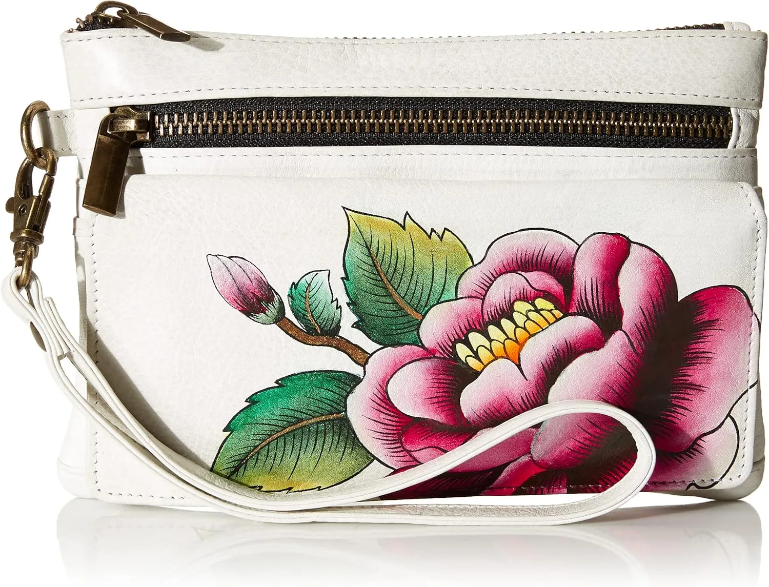 Anna by Anuschka Hand-Painted Genuine Leather Wristlet Organizer Wallet - Peony Ivory