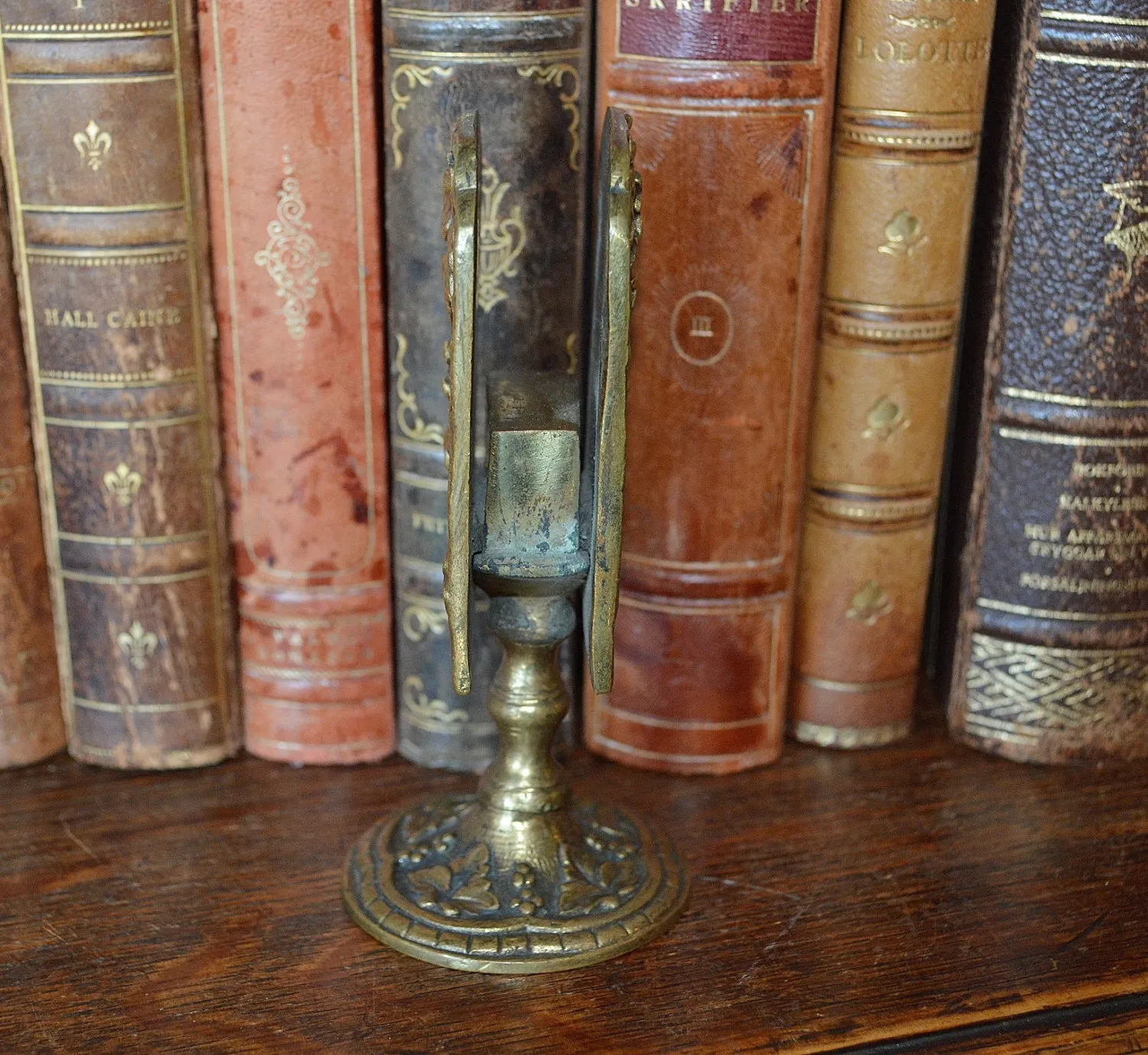 Antique French Match Safe Tabletop Stand Gilt Brass Grape Leaves