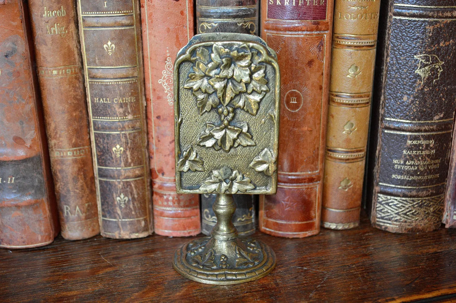 Antique French Match Safe Tabletop Stand Gilt Brass Grape Leaves