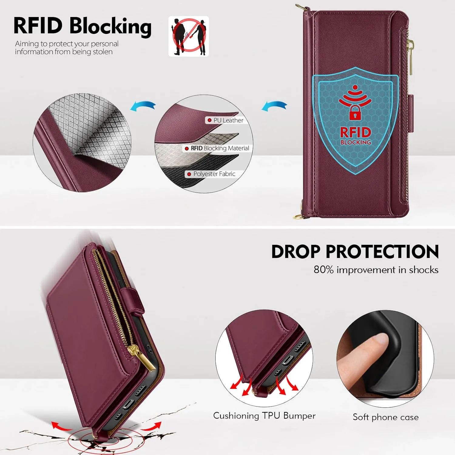 Antsturdy Compatible with iPhone 12 Wallet Case for Women【RFID Blocking】 Crossbody Phone Case PU Leather Zipper with Wrist Strap Flip Cover Credit Card Holder,for Apple 12 Pro 6.1",Wine Red