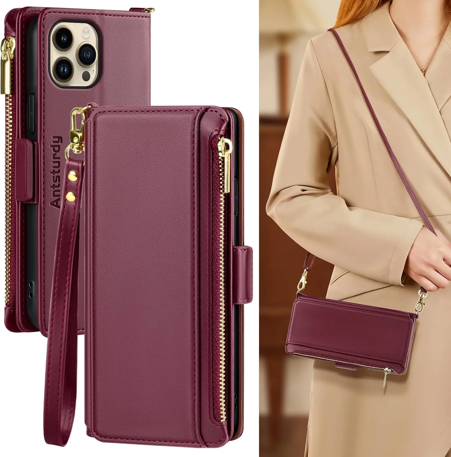 Antsturdy Compatible with iPhone 12 Wallet Case for Women【RFID Blocking】 Crossbody Phone Case PU Leather Zipper with Wrist Strap Flip Cover Credit Card Holder,for Apple 12 Pro 6.1",Wine Red