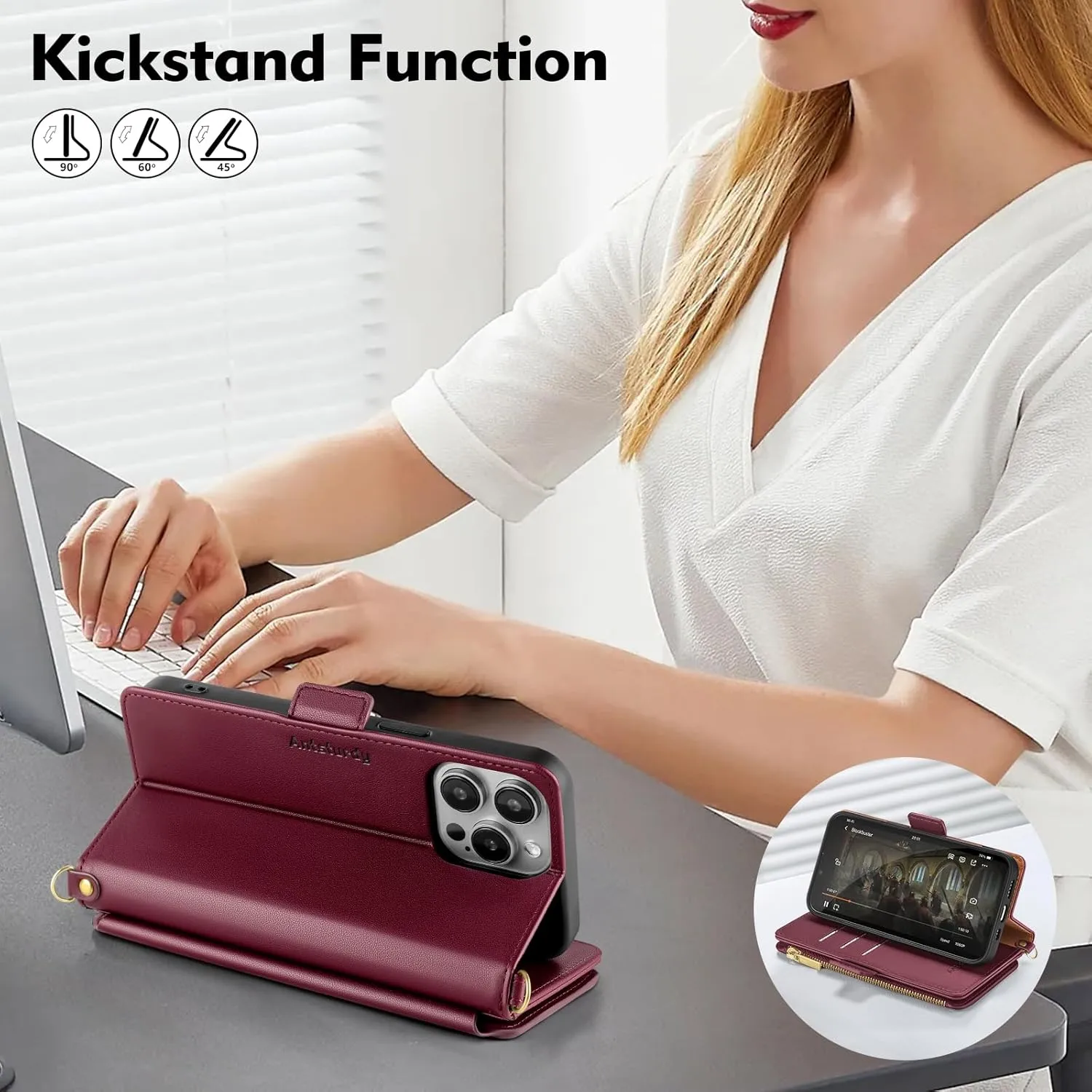 Antsturdy Compatible with iPhone 12 Wallet Case for Women【RFID Blocking】 Crossbody Phone Case PU Leather Zipper with Wrist Strap Flip Cover Credit Card Holder,for Apple 12 Pro 6.1",Wine Red