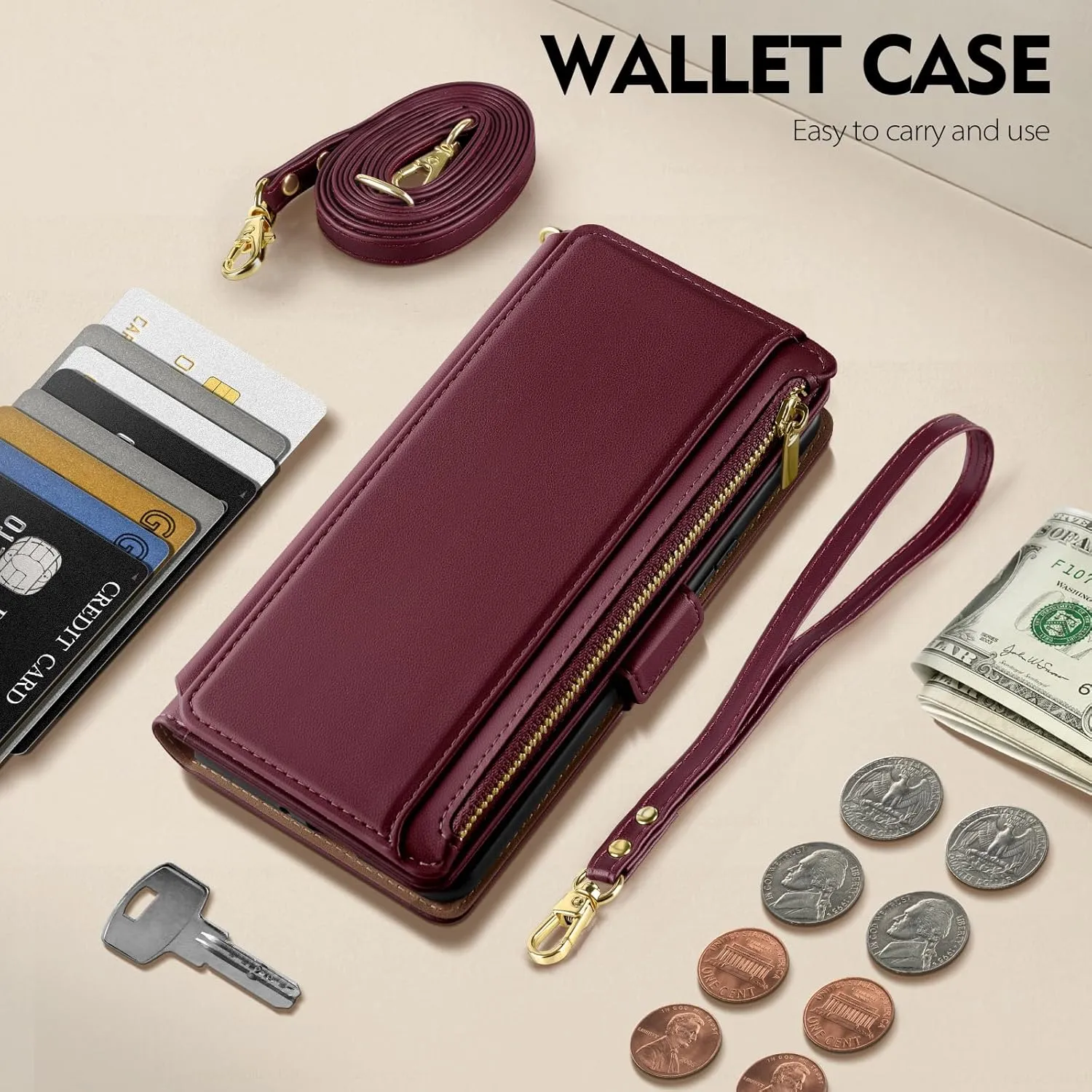 Antsturdy Compatible with iPhone 12 Wallet Case for Women【RFID Blocking】 Crossbody Phone Case PU Leather Zipper with Wrist Strap Flip Cover Credit Card Holder,for Apple 12 Pro 6.1",Wine Red