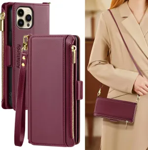 Antsturdy Compatible with iPhone 12 Wallet Case for Women【RFID Blocking】 Crossbody Phone Case PU Leather Zipper with Wrist Strap Flip Cover Credit Card Holder,for Apple 12 Pro 6.1",Wine Red