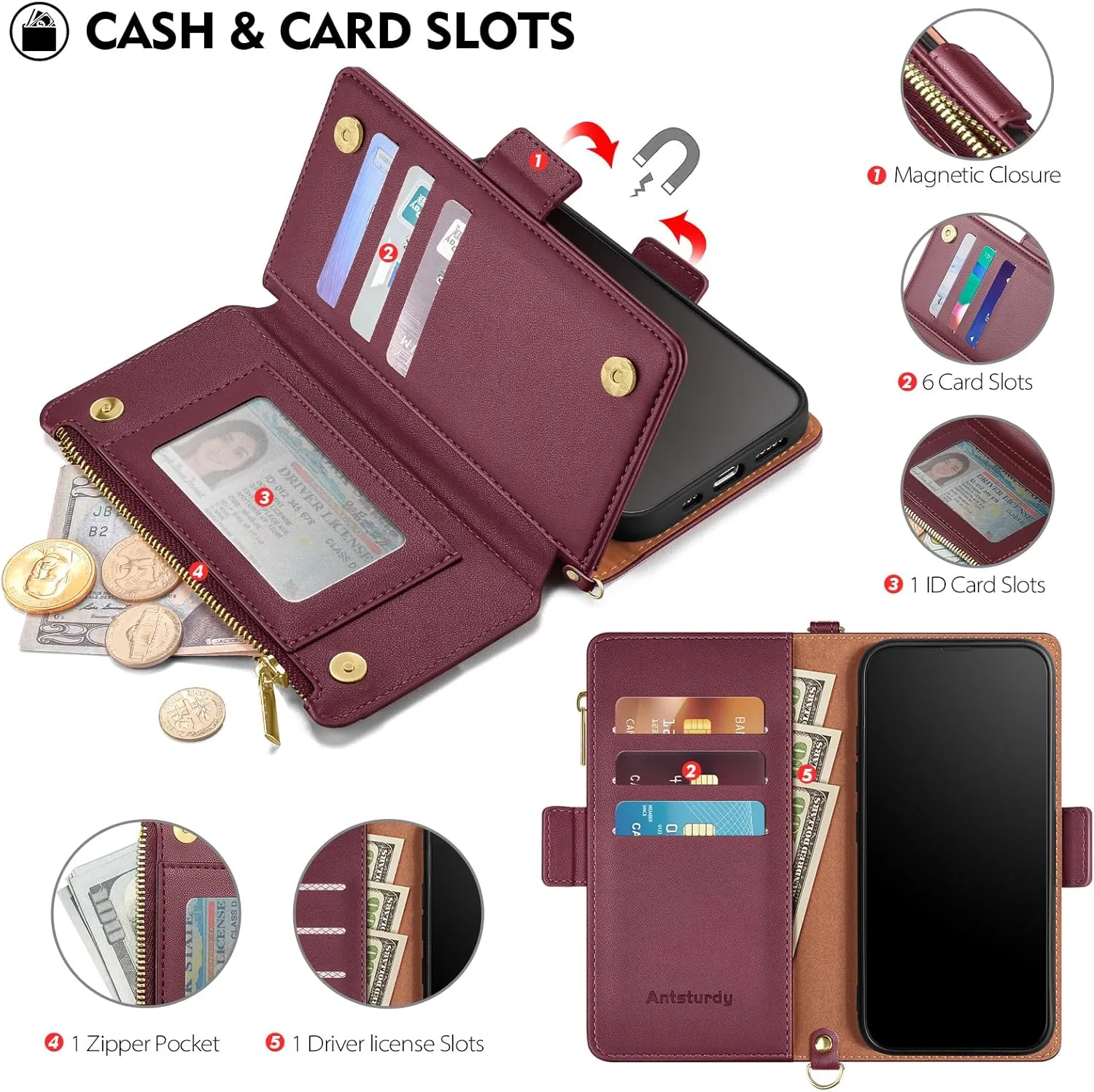Antsturdy Compatible with iPhone 12 Wallet Case for Women【RFID Blocking】 Crossbody Phone Case PU Leather Zipper with Wrist Strap Flip Cover Credit Card Holder,for Apple 12 Pro 6.1",Wine Red