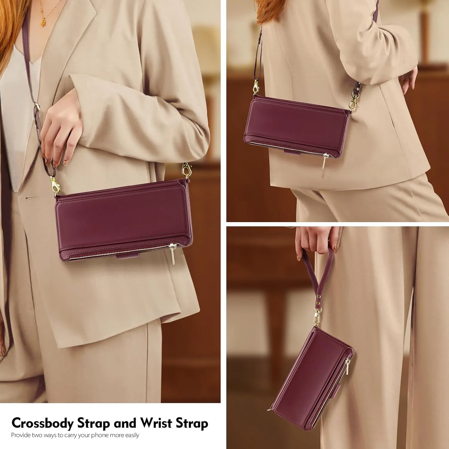Antsturdy Compatible with iPhone 12 Wallet Case for Women【RFID Blocking】 Crossbody Phone Case PU Leather Zipper with Wrist Strap Flip Cover Credit Card Holder,for Apple 12 Pro 6.1",Wine Red