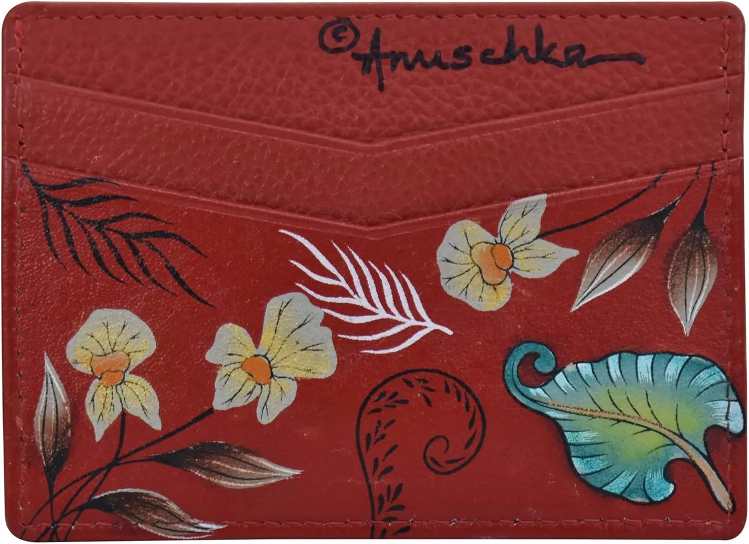 Anuschka Women’s Hand-painted Genuine Leather Credit Card Case - One Open Pocket, Four Card Holders - Crimson Garden