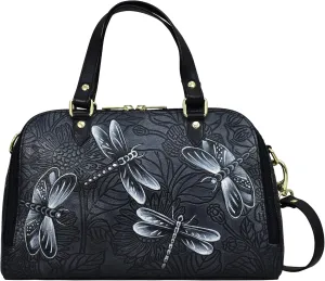 Anuschka Women’s Hand-Painted Genuine Leather Wide Organizer Satchel - Tooled Dragonfly Meadow