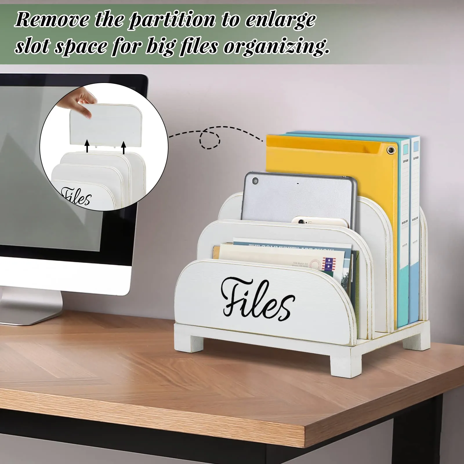 Anwelynd File Organizer for Desk, 4 Slots Wood Desktop File Organizer for Document Letter Envelope Mail Paper Folder Bill, Desktop File Folder Holder for Desk Organizer and Accessories