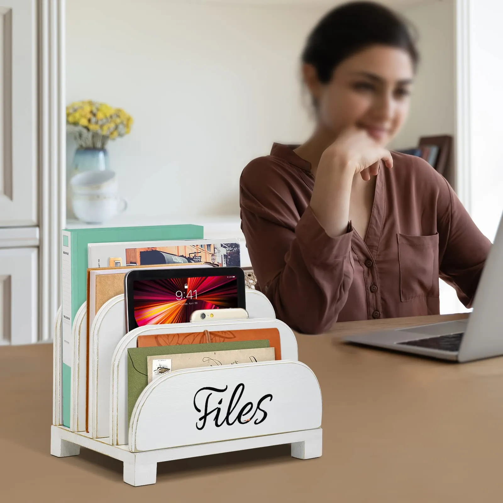Anwelynd File Organizer for Desk, 4 Slots Wood Desktop File Organizer for Document Letter Envelope Mail Paper Folder Bill, Desktop File Folder Holder for Desk Organizer and Accessories