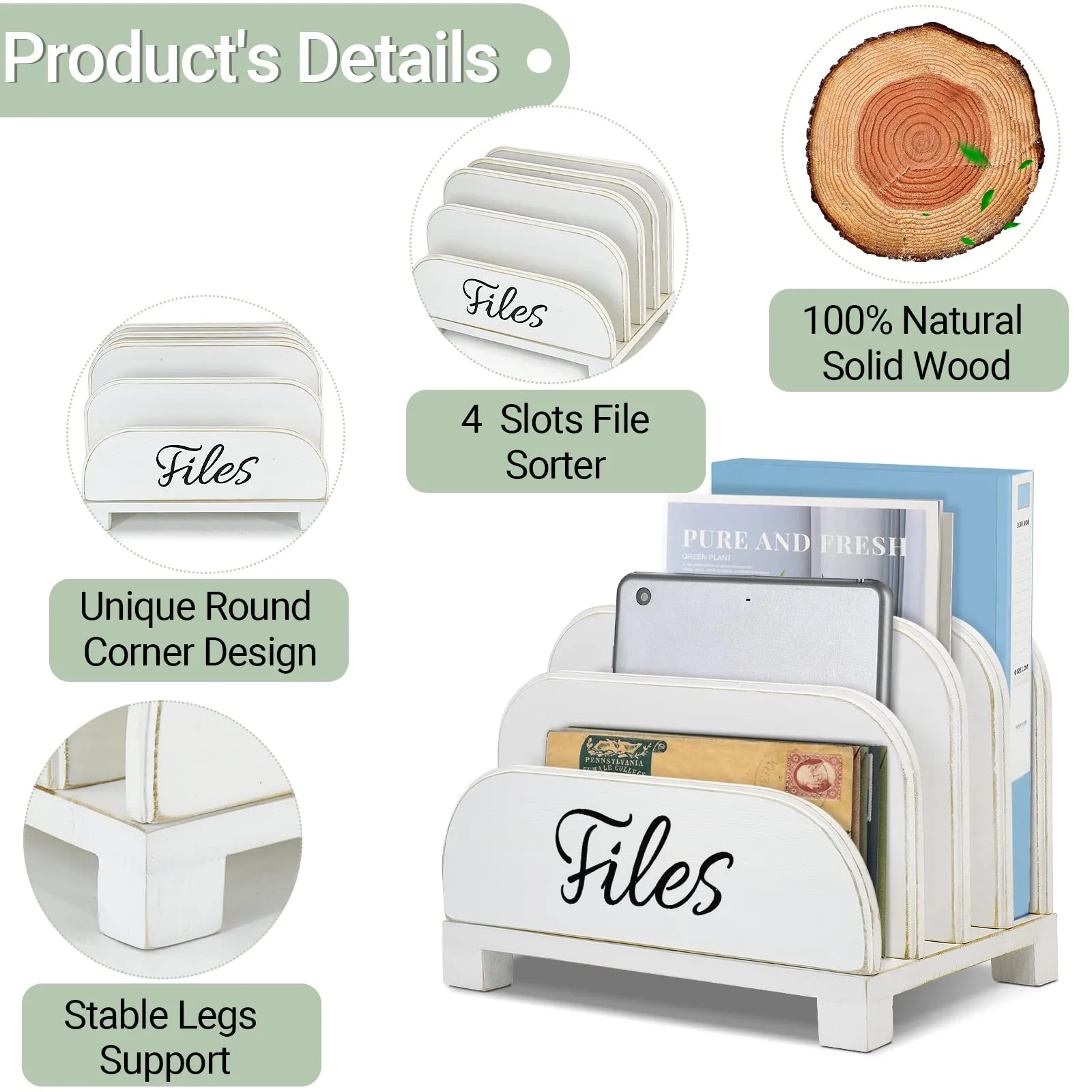 Anwelynd File Organizer for Desk, 4 Slots Wood Desktop File Organizer for Document Letter Envelope Mail Paper Folder Bill, Desktop File Folder Holder for Desk Organizer and Accessories