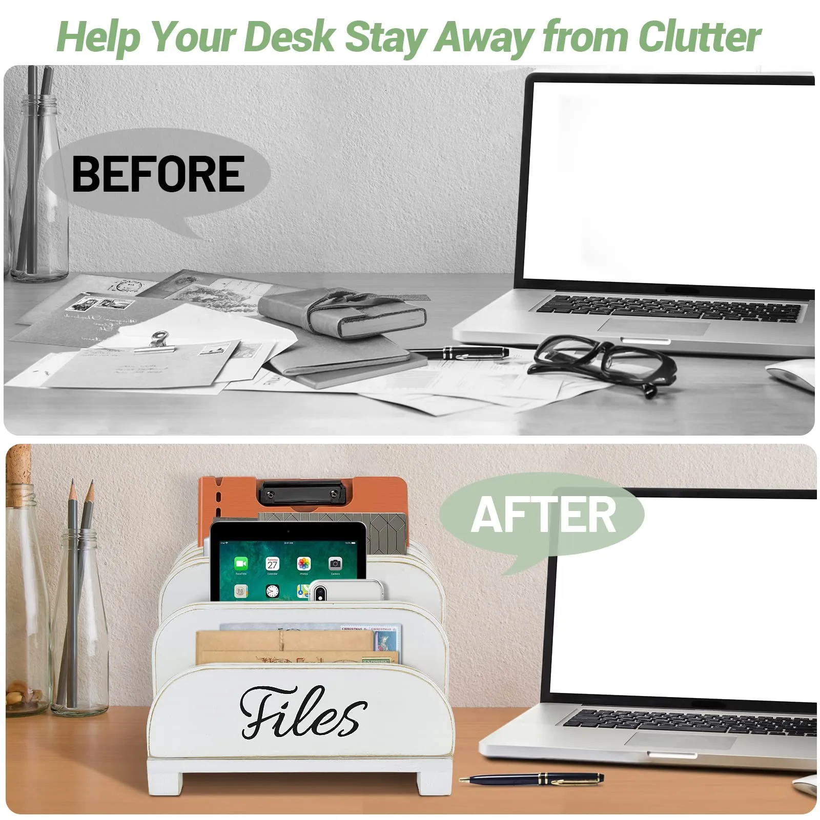 Anwelynd File Organizer for Desk, 4 Slots Wood Desktop File Organizer for Document Letter Envelope Mail Paper Folder Bill, Desktop File Folder Holder for Desk Organizer and Accessories