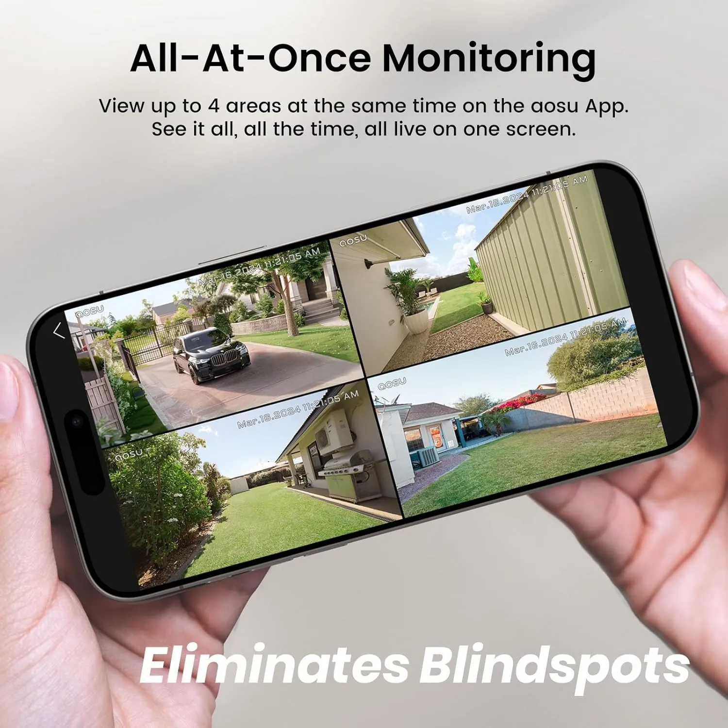 AOSU Solar Security Cameras Wireless Outdoor, 2K QHD Home Security System, 4-Cam Kit with 166° Ultra-Wide View, Cam-to-Cam Sync, 32GB Homebase Local Storage, Color Night Vision, No Monthly Fee