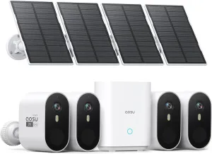 AOSU Solar Security Cameras Wireless Outdoor, 2K QHD Home Security System, 4-Cam Kit with 166° Ultra-Wide View, Cam-to-Cam Sync, 32GB Homebase Local Storage, Color Night Vision, No Monthly Fee