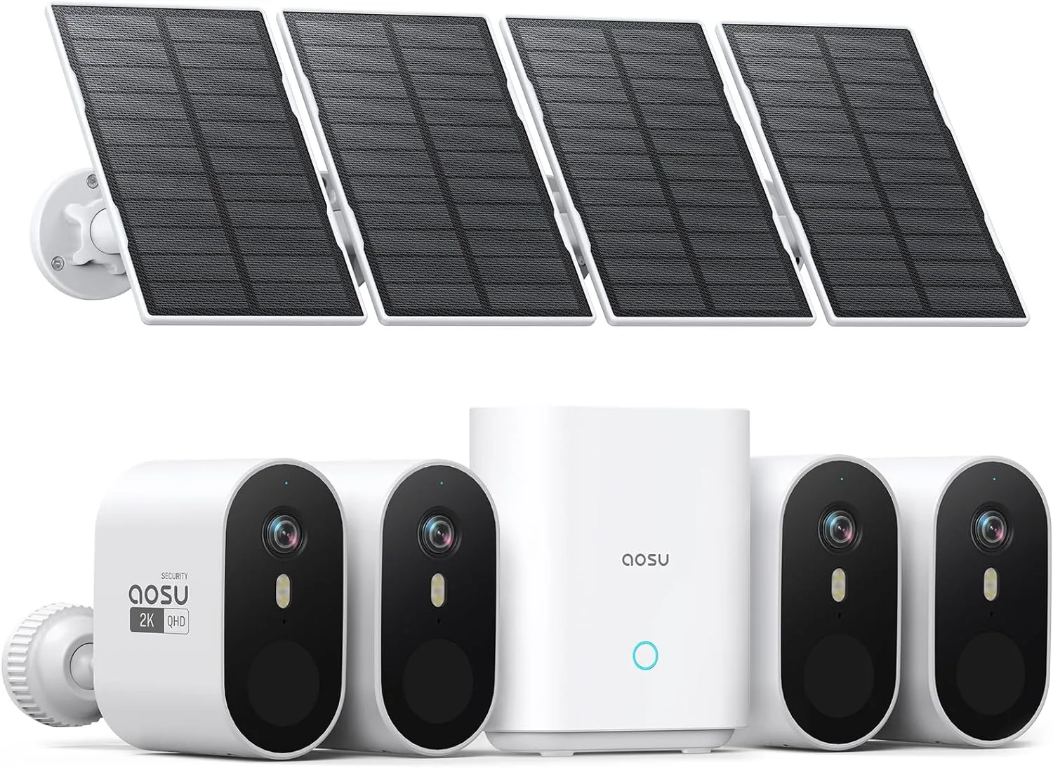 AOSU Solar Security Cameras Wireless Outdoor, 2K QHD Home Security System, 4-Cam Kit with 166° Ultra-Wide View, Cam-to-Cam Sync, 32GB Homebase Local Storage, Color Night Vision, No Monthly Fee