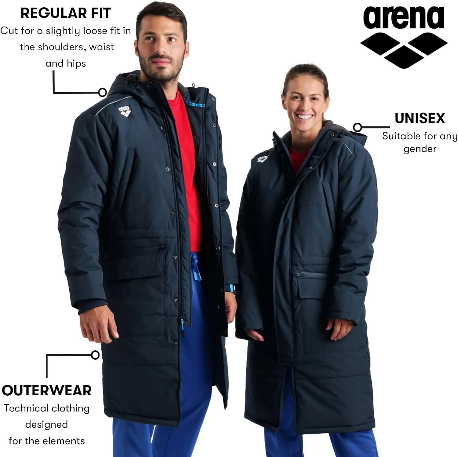 Arena Unisex Adult Team Swim Parka Solid Fleece Warm Winter Coat Waterproof Long Jacket for Women and Men Cold Weather Anorak