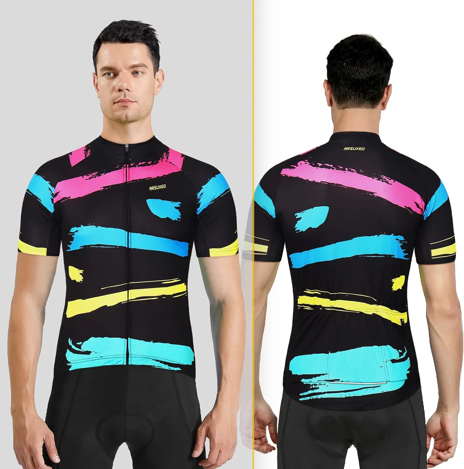 ARSUXEO Men's Cycling Jersey Short Sleeves Mountain Bike Shirt MTB Top Zipper Pockets Reflective