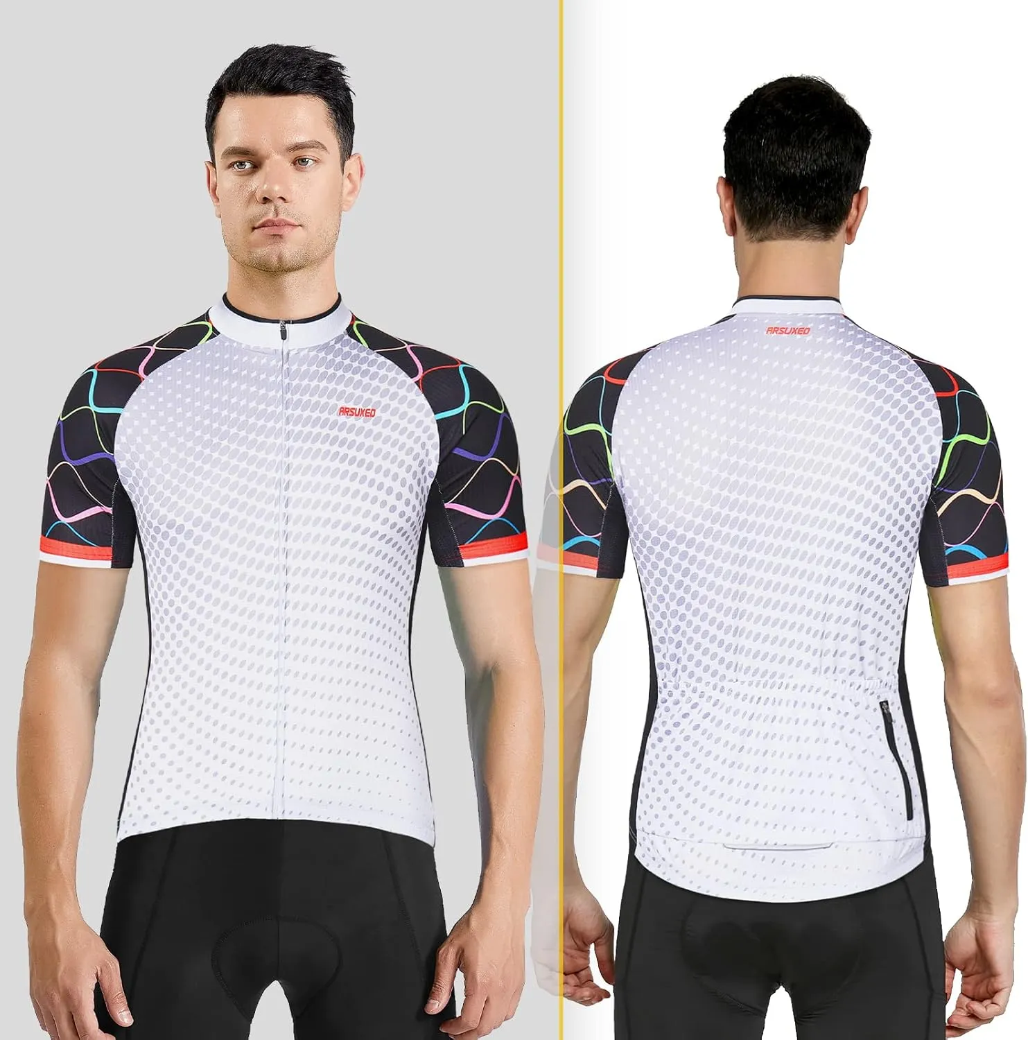 ARSUXEO Men's Cycling Jersey Short Sleeves Mountain Bike Shirt MTB Top Zipper Pockets Reflective